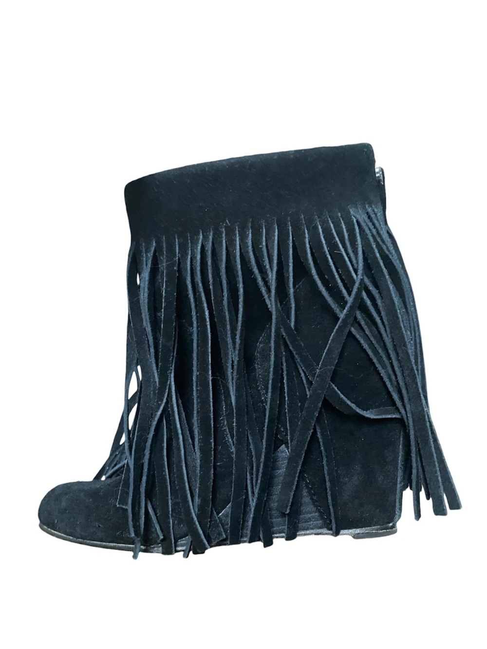Black Fringe Wedge Ankle Boots - Women